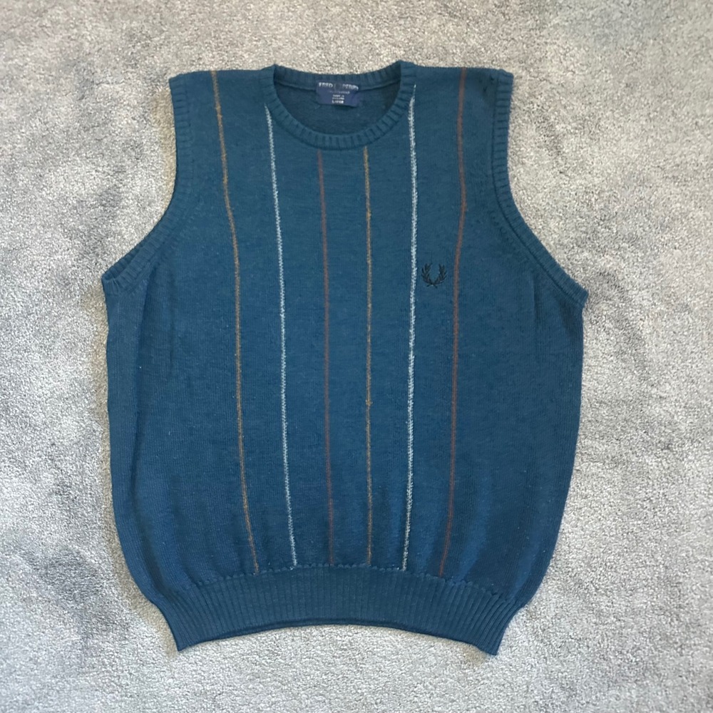 Fred Perry Sweater Vest Men Large Blue Striped Vintage Wool Blend England